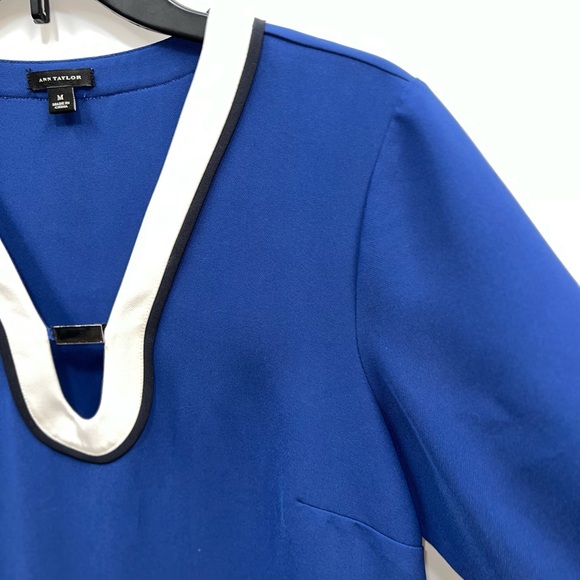 Ann Taylor Dress Womens Size Medium Blue Black Polyester V-Neck Classic - Picture 6 of 15